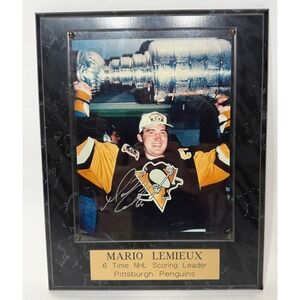 Mario Lemieux Signed Plaque Pittsburgh Penguins NHL Black Stanley Cup COA 12x15